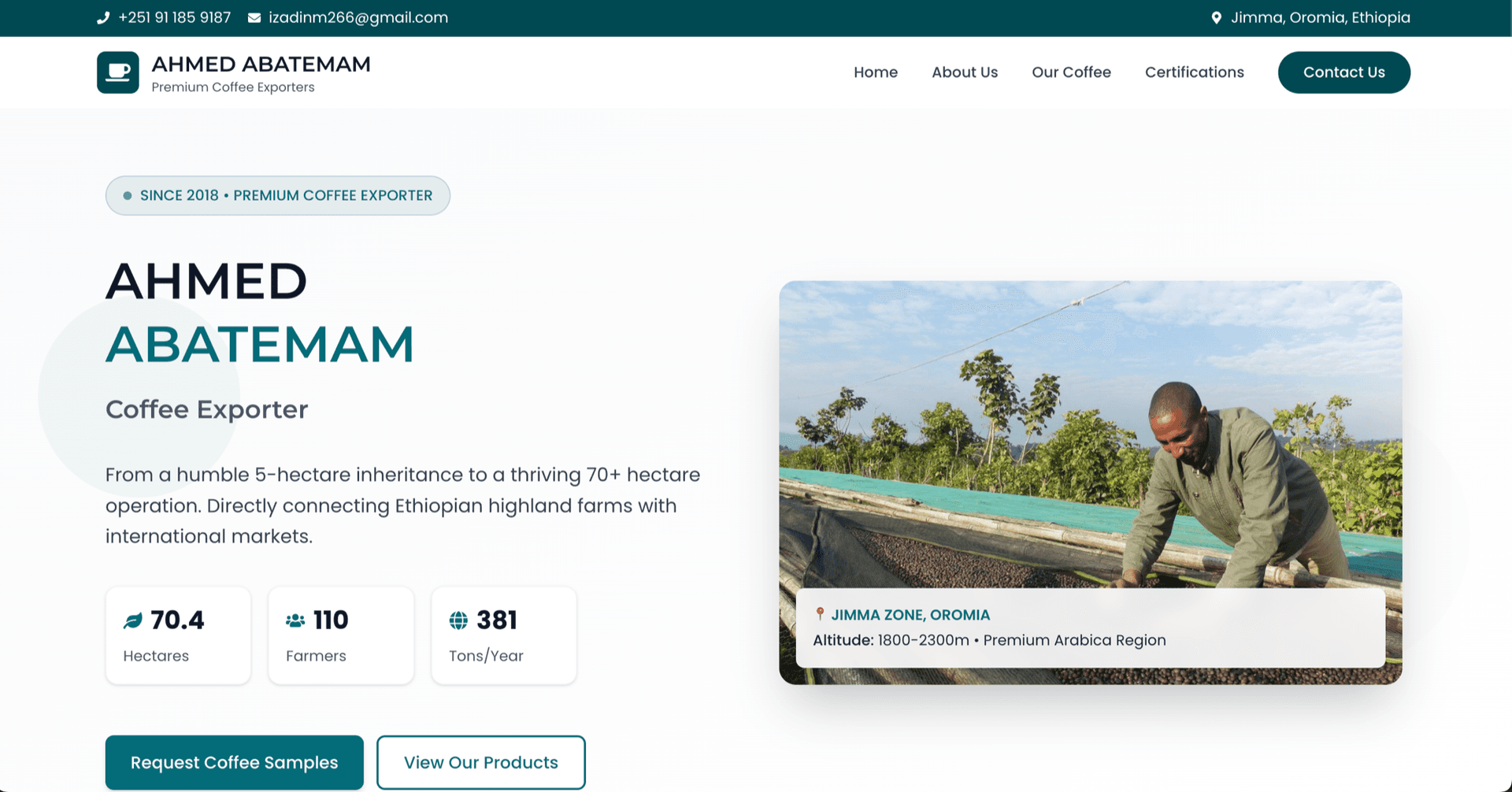 Ahmed Abatemam coffee exporter website hero