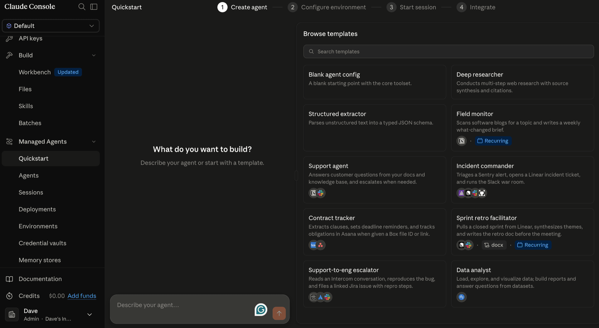 Claude Console managed agents quickstart with agent templates