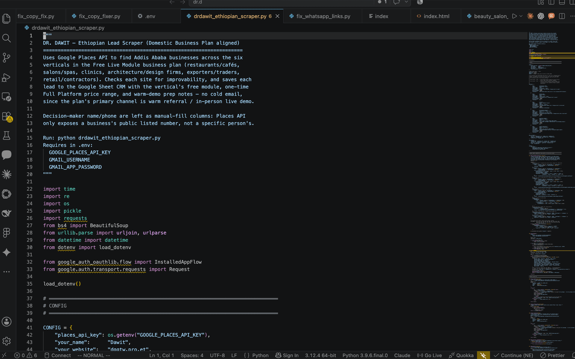 Python lead scraper source code in an editor