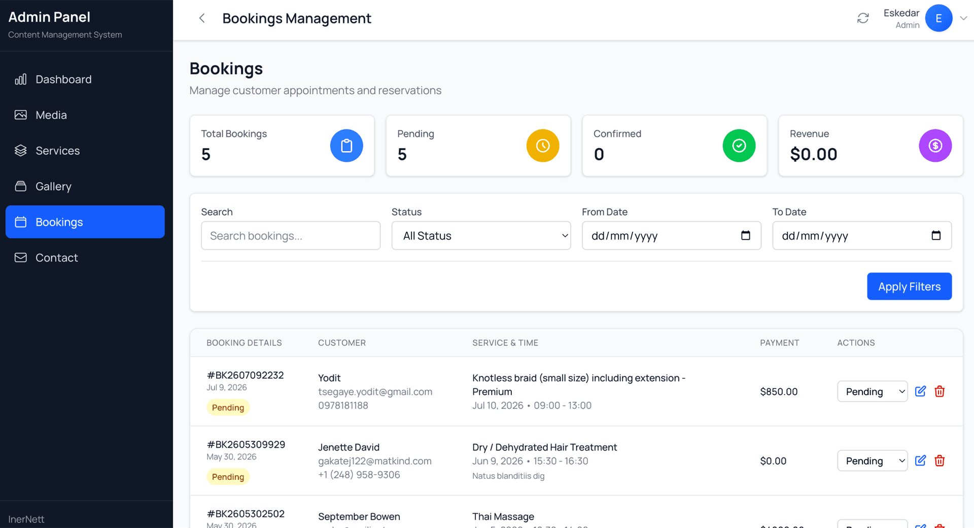 Admin panel bookings management screen