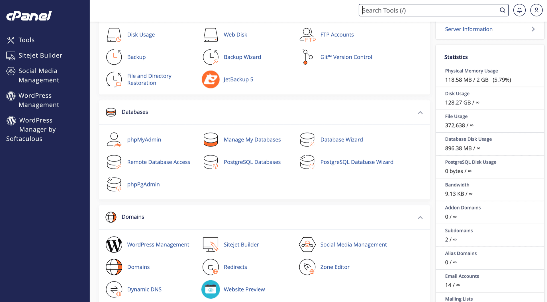 cPanel dashboard with databases and domains