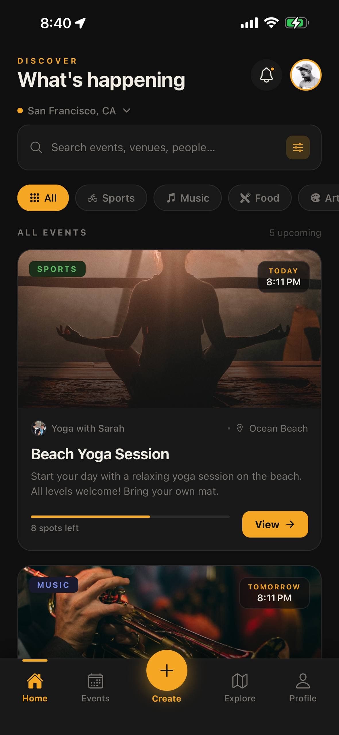 Event discovery mobile app home screen