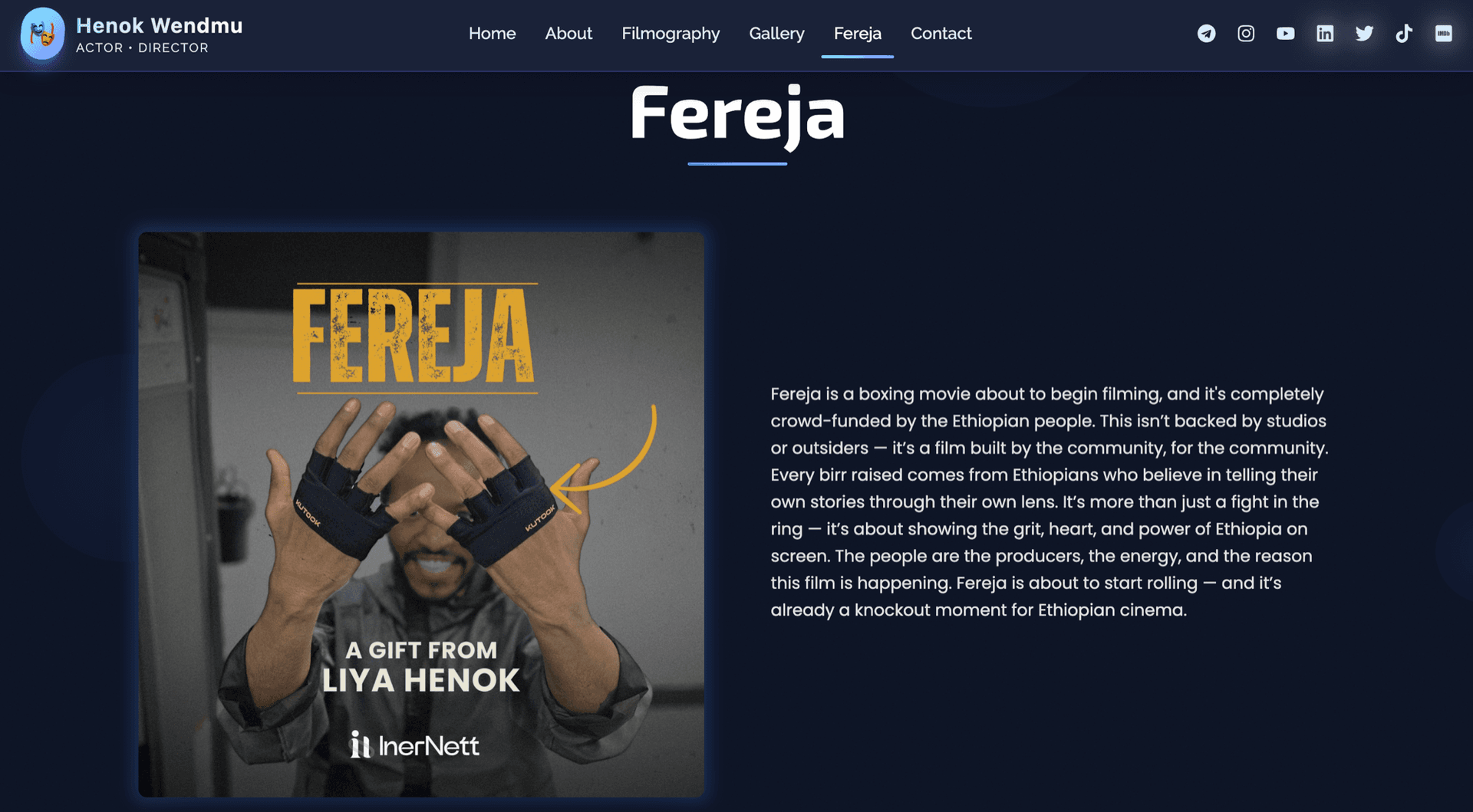 Henok Wendmu website — Fereja film page