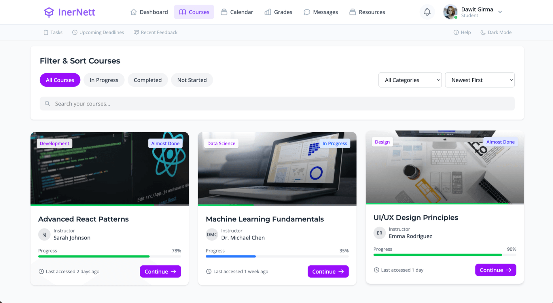 InerNett LMS course catalogue with progress bars