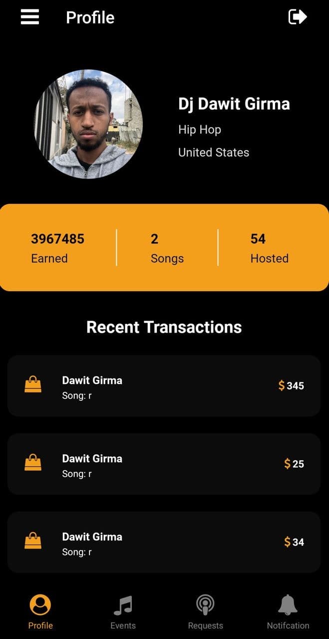 Merewa app artist profile screen with earnings and transactions