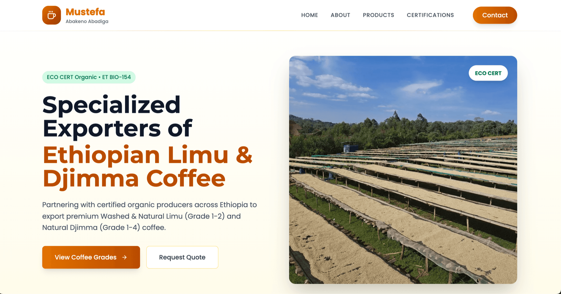 Mustefa coffee exporter website hero