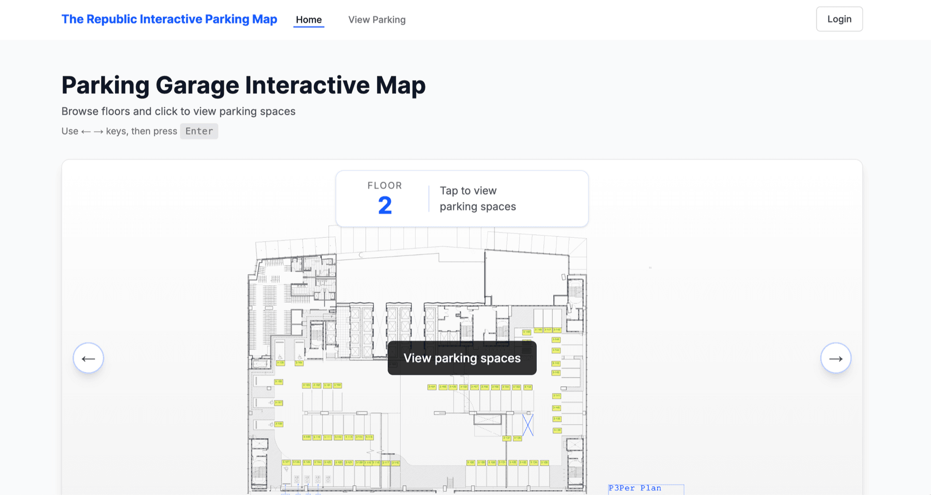 Interactive parking garage map with floor plan