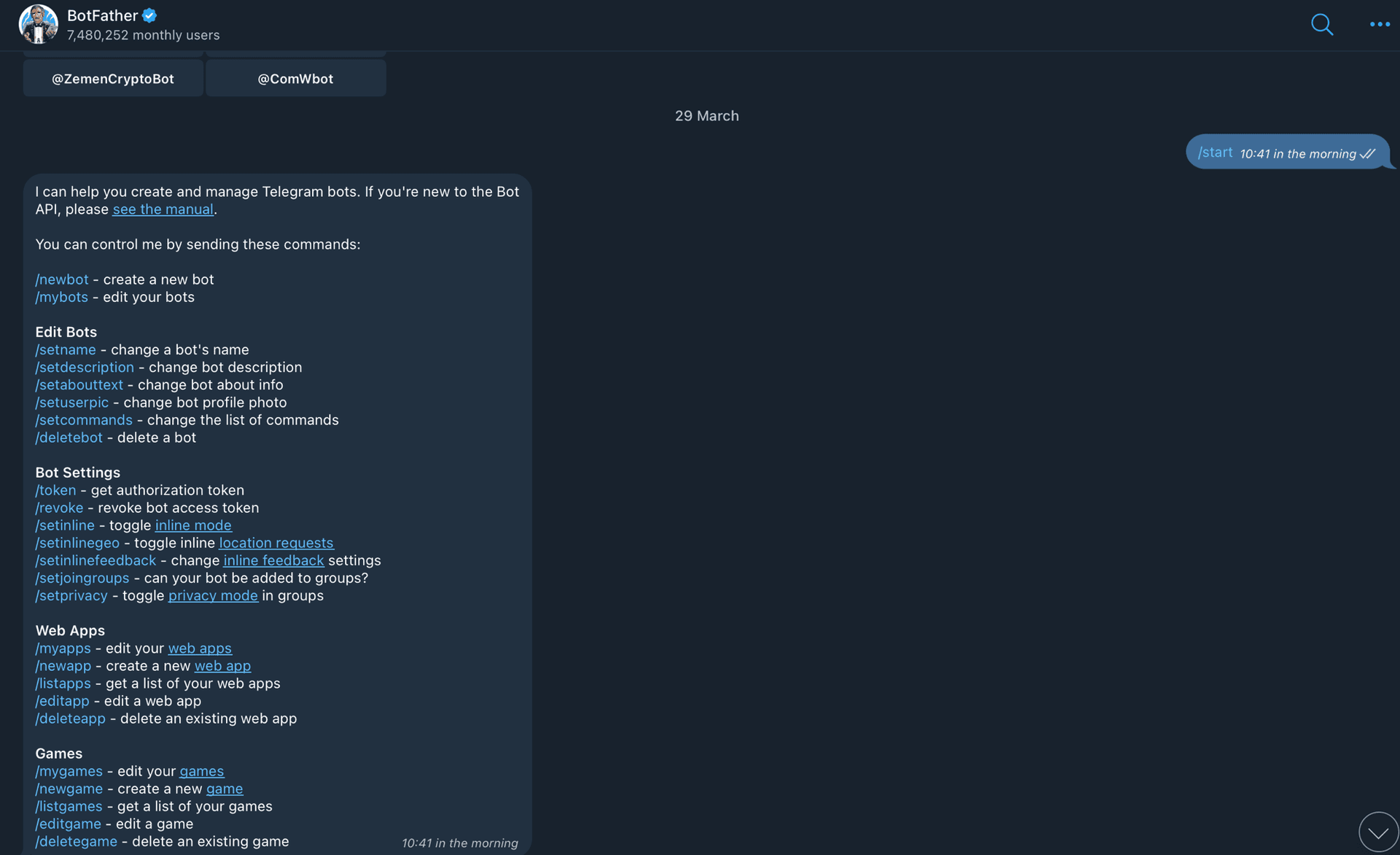 BotFather command list while configuring a Telegram bot